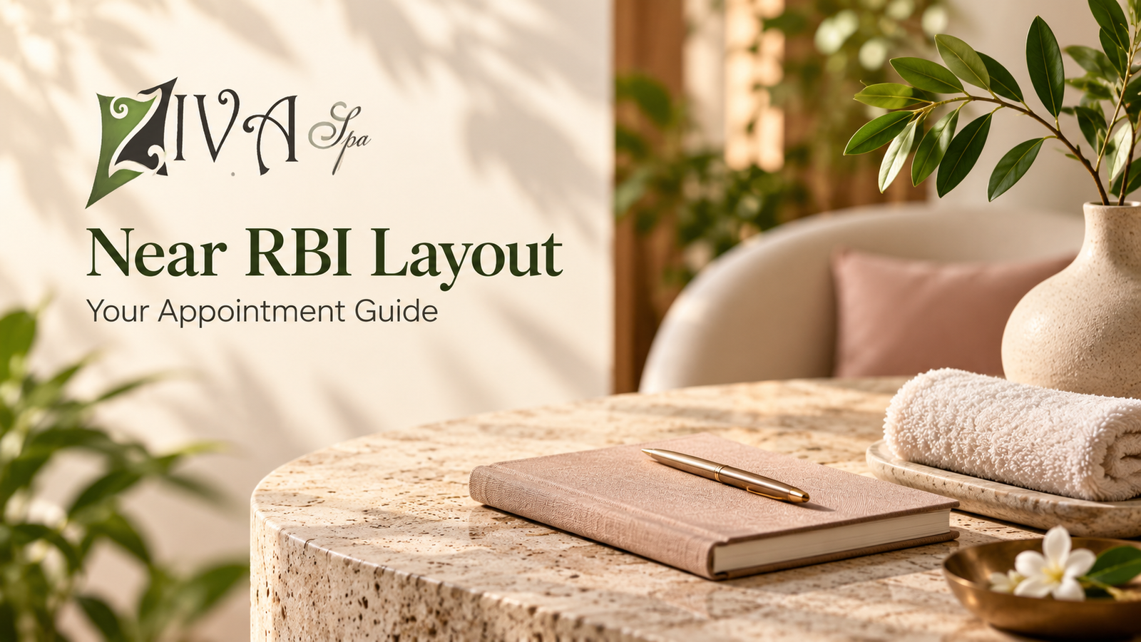 Ziva Spa graphic with an appointment notebook, pen and towels, titled “Near RBI Layout — Your Appointment Guide.”